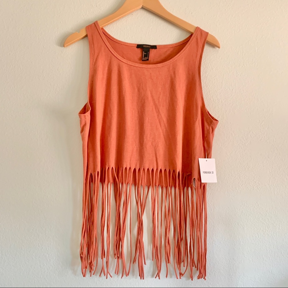 NEW forever 21 knit crop tank top w fringe in rust/burnt orange/auburn